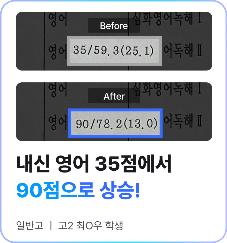 성적 향상 사례 — 내신 영어 35점에서 90점으로 상승